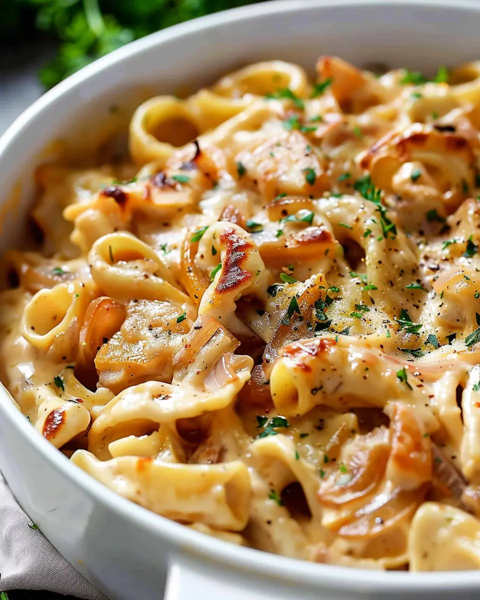 French Onion Pasta Recipe with Turkey Bacon and a Cheesy Twist