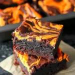 Halloween Cream Cheese Swirl Brownies Created by Melissa Williams Servings: 9 brownies Prep Time: 15minutes minsCook Time: 30minutes mins Print Pin Rate Save Halloween Cream Cheese Swirl Brownies have a layer of rich, dark chocolate brownie topped with a layer of orange cheesecake then swirled together for a spooky treat. Video ► Ingredients 1x 2x 3x For the Brownie Layer: ▢1 cup granulated white sugar ▢½ cup all purpose white flour ▢½ cup Hershey’s Special Dark cocoa powder ▢½ teaspoon salt ▢¼ teaspoon baking powder ▢2 large eggs ▢⅓ cup vegetable oil ▢1 teaspoon vanilla extract For the Cream Cheese Layer: ▢8 oz cream cheese at room temp ▢¼ cup granulated white sugar ▢1 large egg ▢½ teaspoon vanilla extract ▢orange food coloring Instructions Preheat oven to 350 degrees. Line an 8 x 8 baking dish with parchment paper or foil and spray with non-stick spray. Set aside. For the Brownie Layer In a medium bowl, add the sugar, flour, cocoa powder, salt, and baking powder. 1 cup granulated white sugar,½ cup all purpose white flour,½ cup Hershey’s Special Dark cocoa powder,½ teaspoon salt,¼ teaspoon baking powder In a small bowl, add the eggs, oil, and vanilla. Mix with a fork until well combined. 2 large eggs,⅓ cup vegetable oil,1 teaspoon vanilla extract Pour the wet ingredients into the dry ingredients and mix with a spatula until just combined. Reserve 1/4 cup of the batter for the swirls then pour the remaining batter into the prepared baking dish. For the Cream Cheese Layer In a medium bowl, add the cream cheese, sugar, egg, & vanilla. Blend until smooth. 8 oz cream cheese,¼ cup granulated white sugar,1 large egg,½ teaspoon vanilla extract Add in the orange food coloring and stir to combine. orange food coloring Gently spread the cream cheese layer on top of the brownie batter. Drop tablespoons of the remaining brownie batter on top and gently swirl with a knife or skewer. Bake for 30-35 minutes or until set. Remove and let cool completely before slicing.