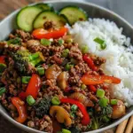 Spicy Ground Beef Stir-Fry Bowl with Garlic Veggies & Steamy Rice