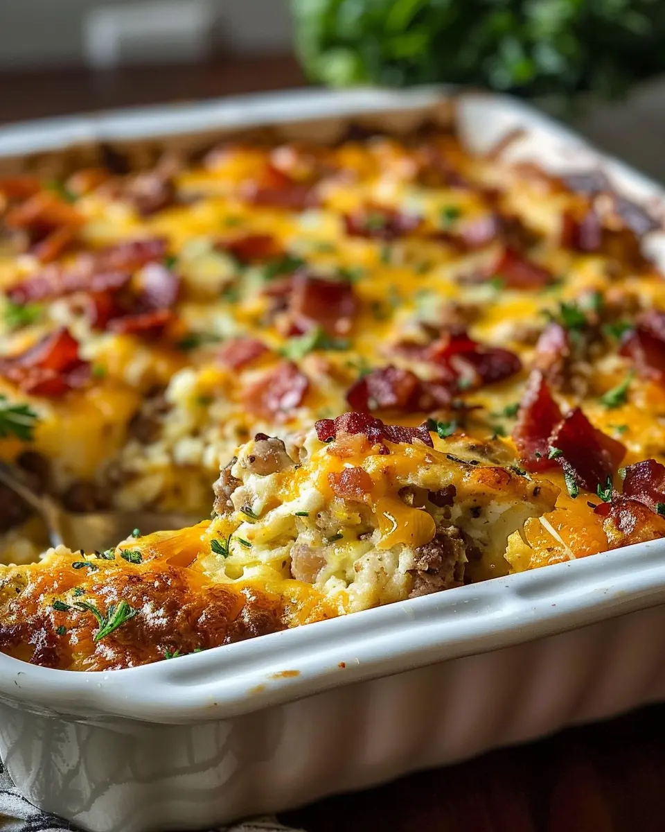 Crack Breakfast Casserole with Turkey Bacon and Chicken Ham Delight
