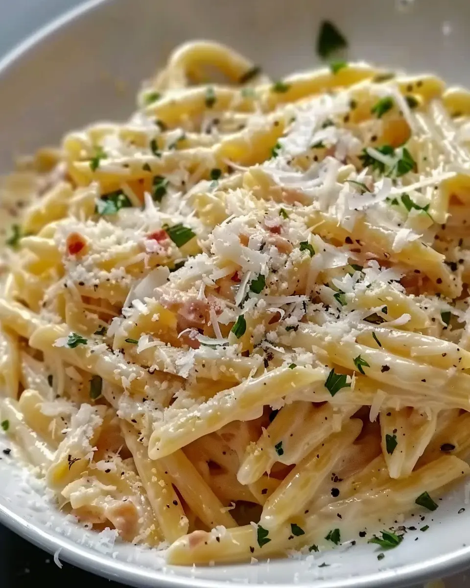 One Pot Creamy Garlic Pasta with Turkey Bacon in 20 Minutes