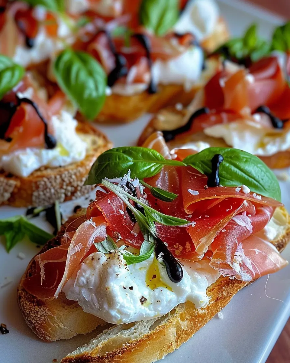 Burrata &amp; Prosciutto Crostini: Easy Bite-Sized Indulgence